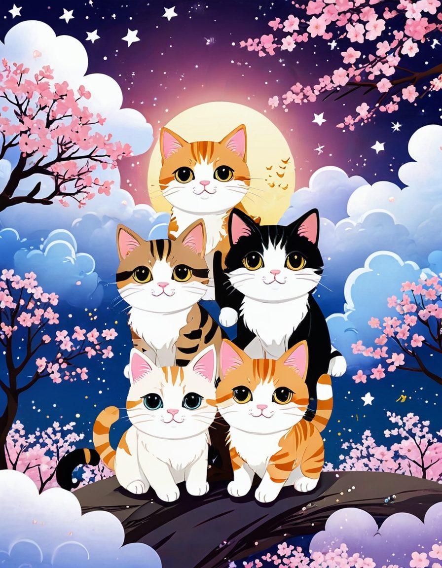 A whimsical and playful scene depicting a mix of cute cats intertwined with artistic elements of kawaii hentai, blending fantasy and seduction with vibrant colors. The background features dreamy clouds and manga-style motifs, showcasing the evolution from innocent feline playfulness to more mischievous narratives. Delicate cherry blossoms and shimmering stars add to the enchanting atmosphere. vector art. vibrant colors. whimsical style.