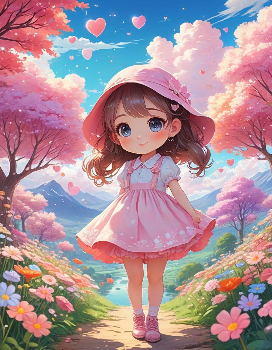 A whimsical scene showcasing a vibrant, colorful anime-style world where adorable characters blend cuteness with a hint of allure. Imagine chibi-styled figures with oversized eyes, surrounded by playful elements like pastel hearts and sparkles, giving a sense of innocence intertwining with sensuality. The background should feature a dreamy landscape filled with candy-colored clouds and magical flora. It should evoke a feeling of playfulness and charm. colorful anime art. vibrant colors. fantasy background.